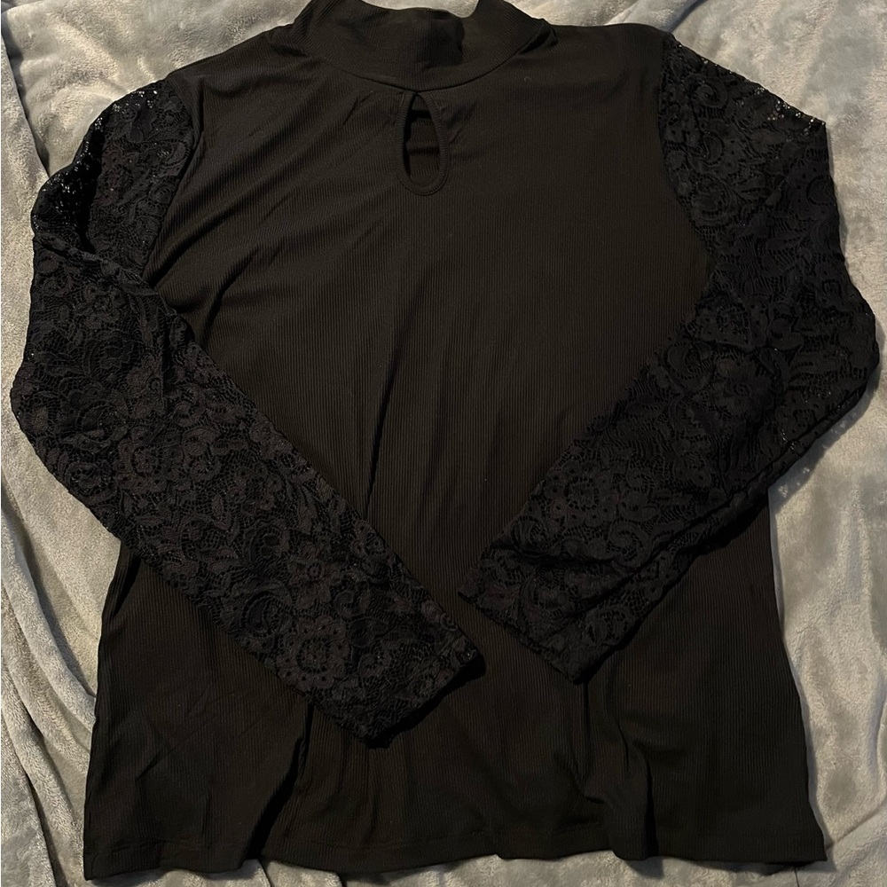 Black Lace Long Sleeve Keyhole Top